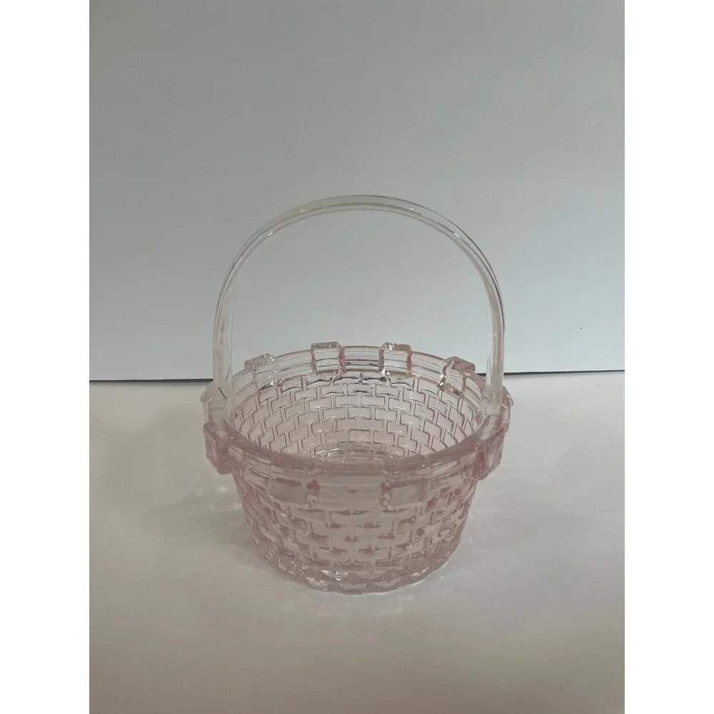 Vintage Pink Depression Glass Basketweave Candy Dish‎ Basket with Handle